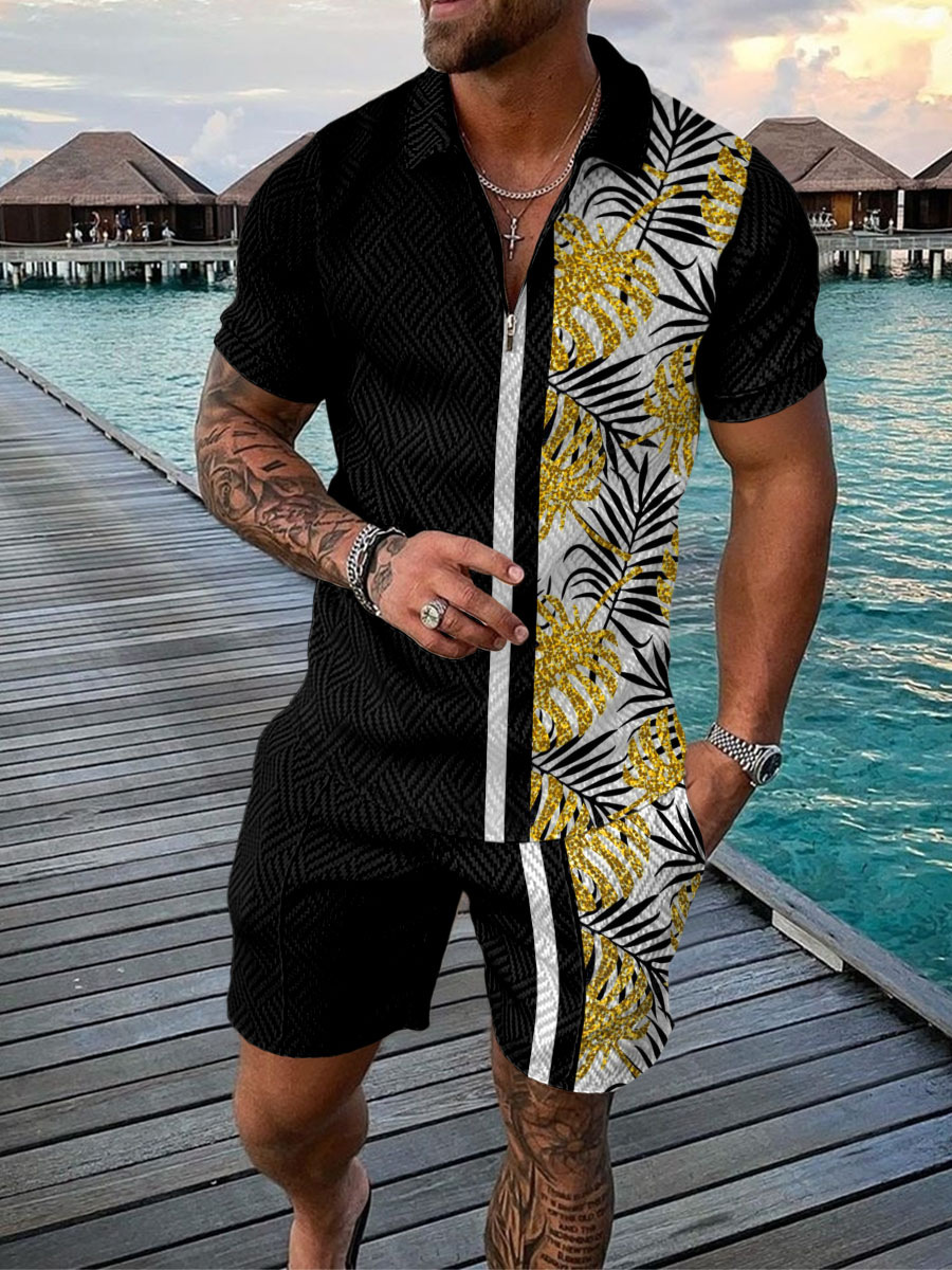 Men'S Fashion Polo - Hawaiiaanse kokospalmprint herensets Mode Zip Polo