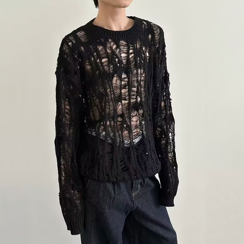 Turtleneck Sweater Men - Vintage Ripped Hollow Out Mesh Gebreide